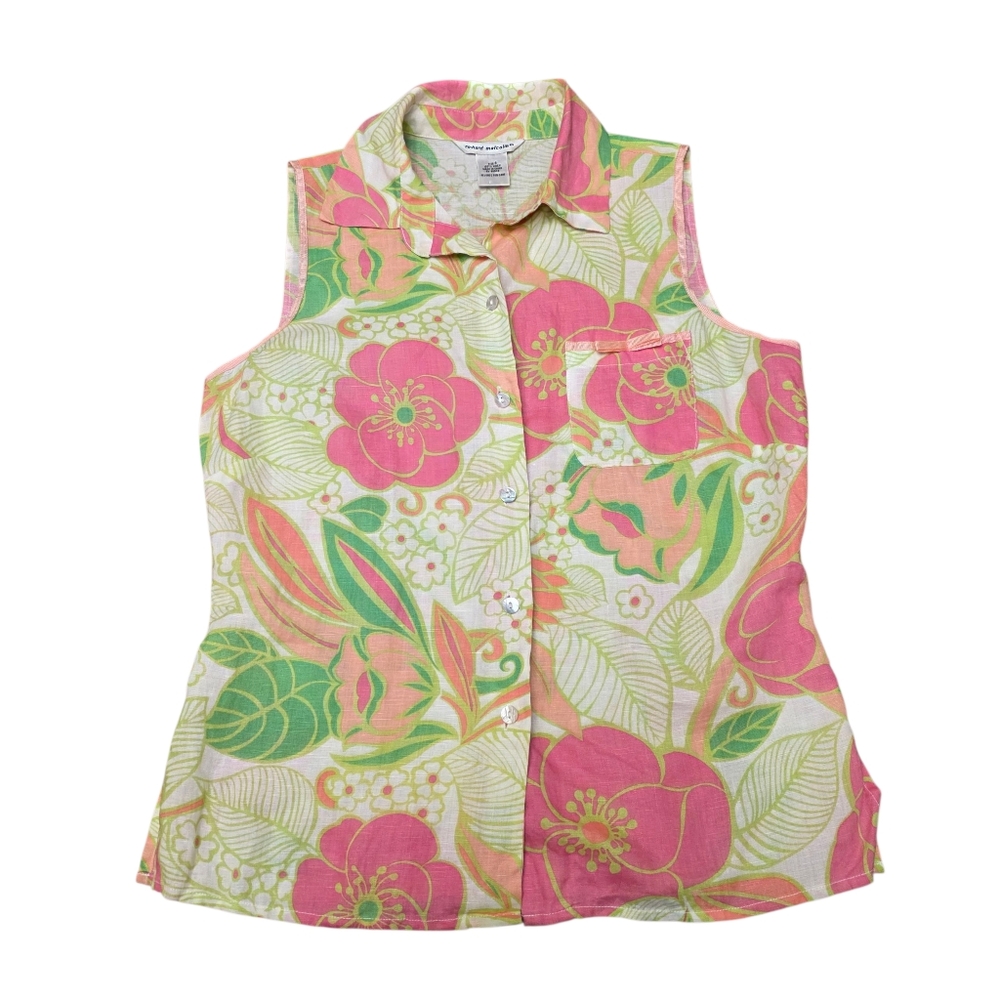 Richard Malcolm Linen Tropical Button Up Sleeveless Top Size S - Picture 5 of 9